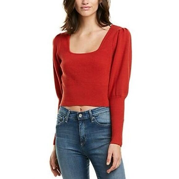 ASTR The Label Red Ribbed Long Puff Sleeve Square Neck Sweater Crop Top Size XS - Picture 2 of 5